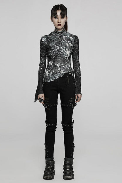 Punk T-Shirt for Her with Pleated Half Turtleneck and Irregular Hem