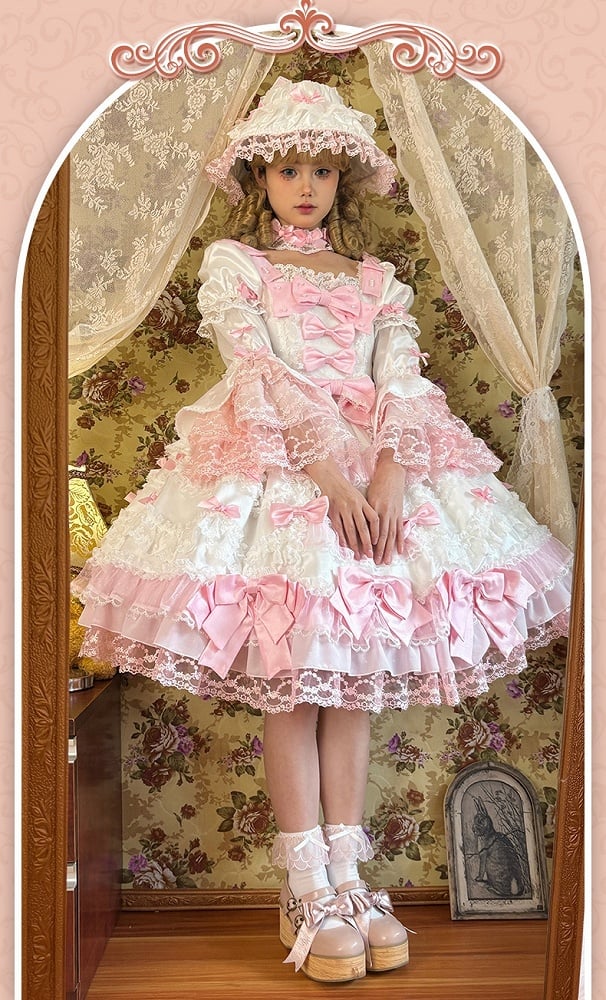 Pink Bow Accents White High Waist Sweet Princess Lolita Dress with Detachable Sleeves
