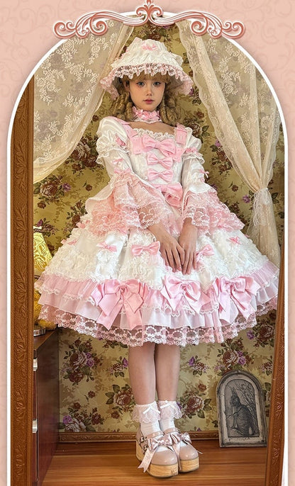 Pink Bow Accents White High Waist Sweet Princess Lolita Dress with Detachable Sleeves