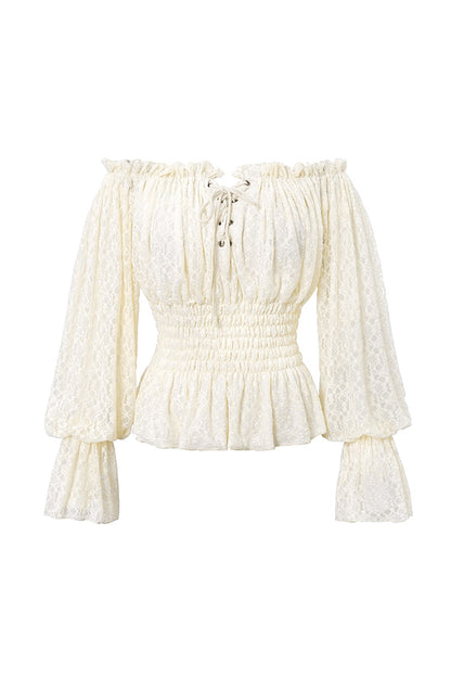 Ivory Off-Shoulder Long Sleeve Ruffled Lace Gothic Top