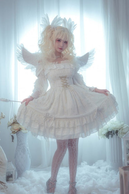 Gothic Lolita Wishing Stars Double-Layered Ruffle Lace-Up JSK Dress