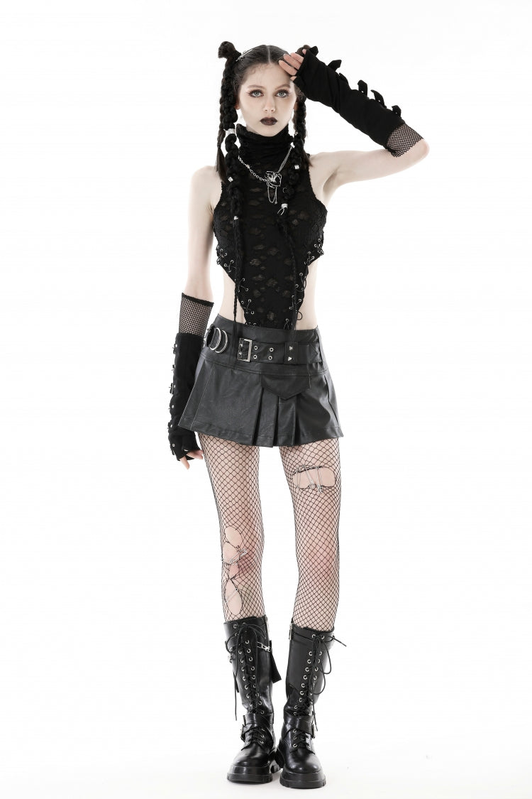 Pleated Punk Mini Skirt with Metal Belt Buckle in Black Faux Leather