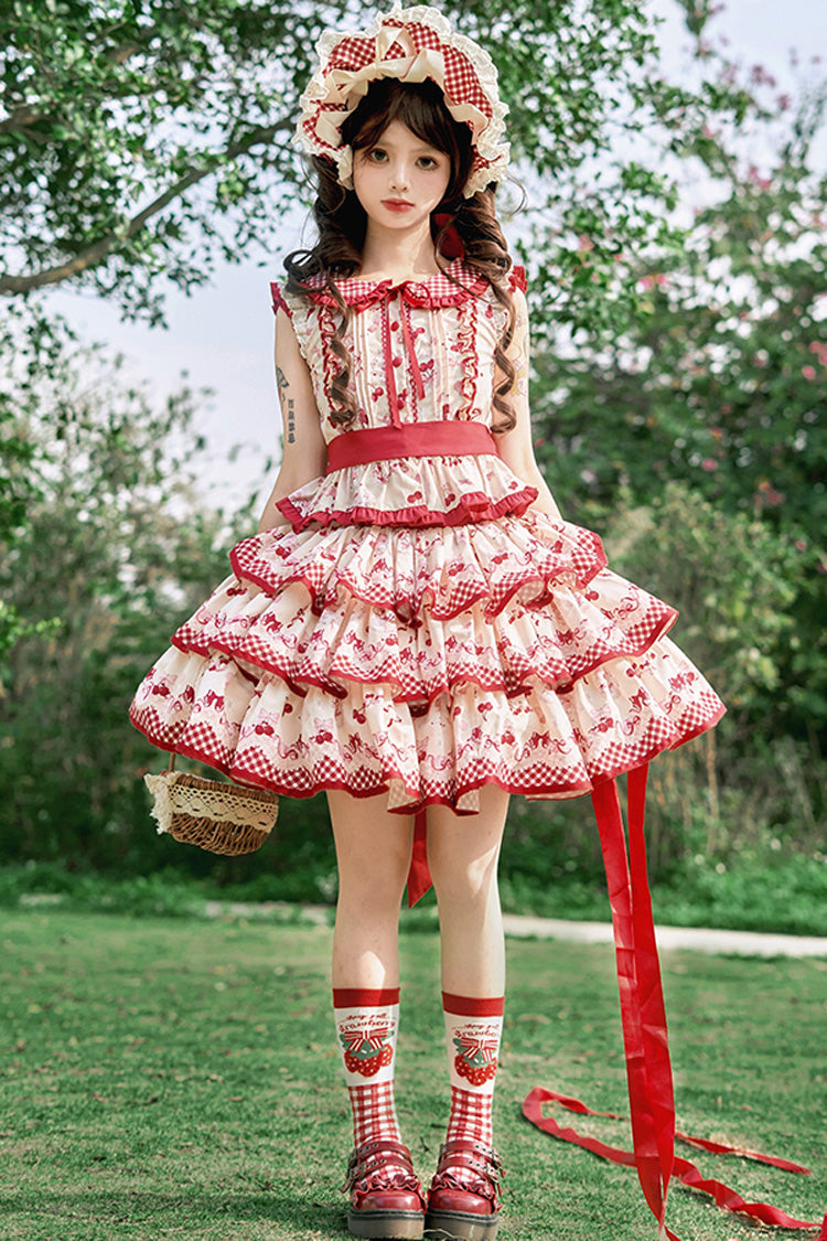 Crimson Three-Tier Cherry Print Ruffle Sweet Lolita Skirt Ensemble