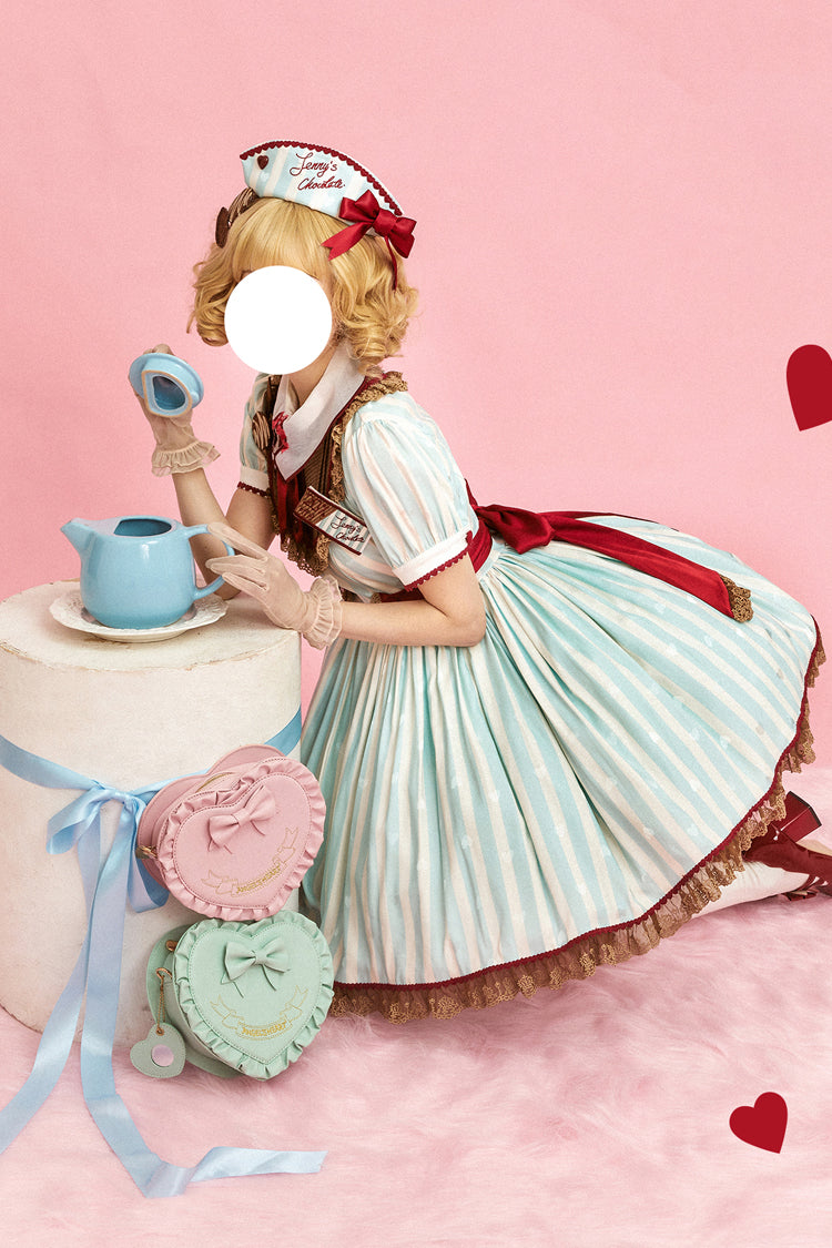 Emerald Jenny's Chocolate Short Sleeves Vertical Stripes Print Ruffle Bow Sweet Lolita Dress