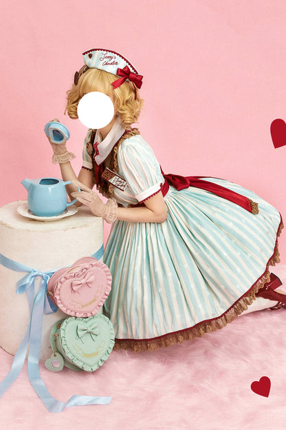 Emerald Jenny's Chocolate Short Sleeves Vertical Stripes Print Ruffle Bow Sweet Lolita Dress