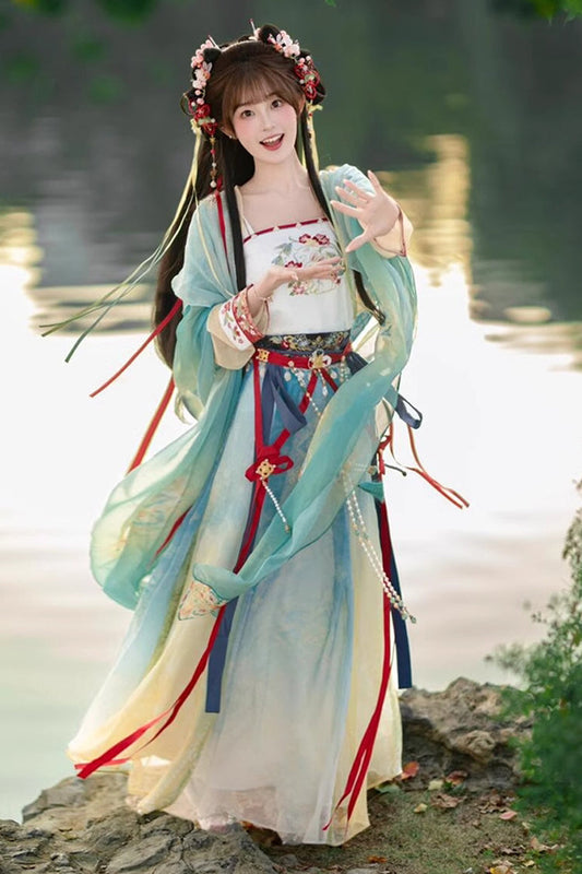High-Waist Jacquard Hanfu Dress Full Ensemble