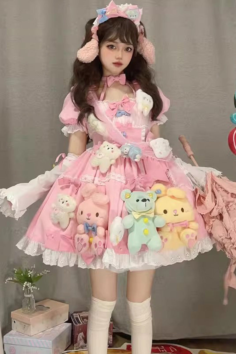 Pink Square-Collar Printed Doll Party Detachable-Sleeved Ruffled Bow-Trim Sweet Princess Lolita Dress