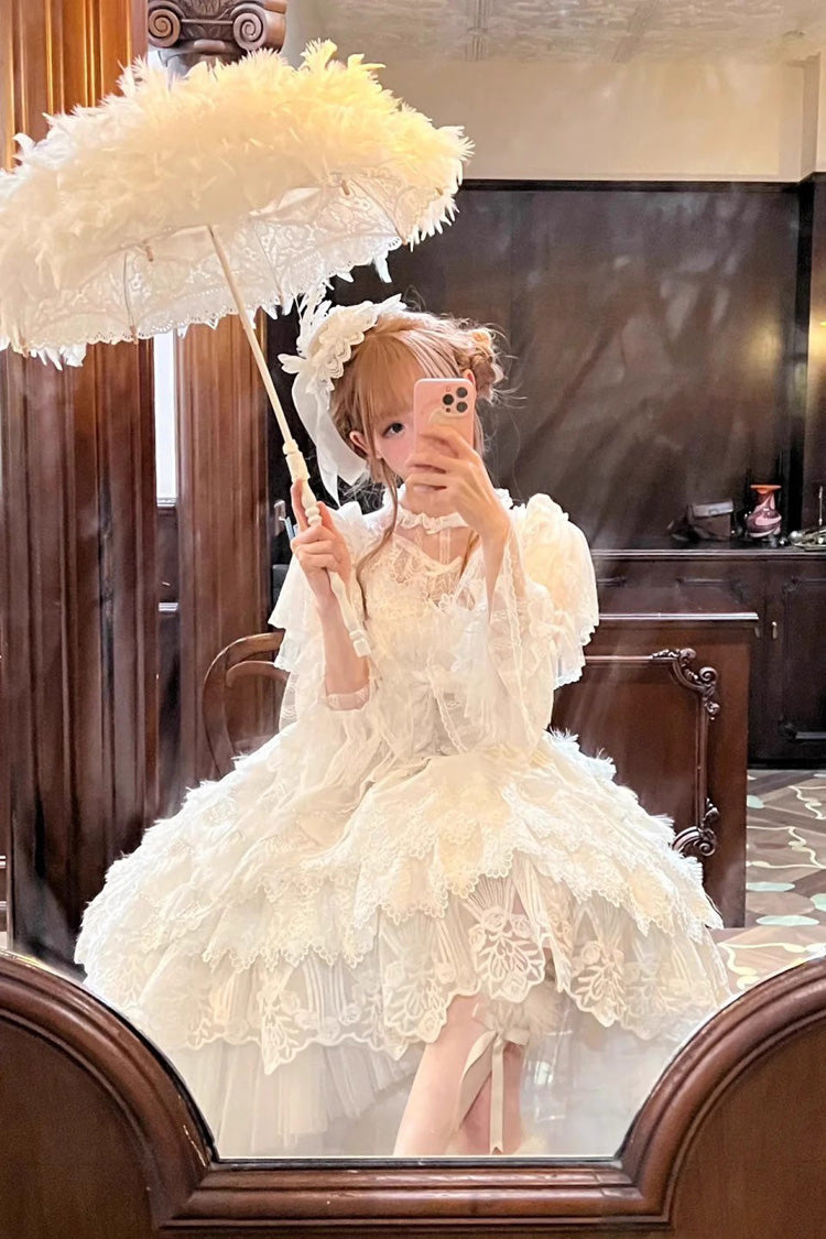 Ivory Peacock Feather Layered Ruffle Hanayome Cardigan Bow Lace Sweet Lolita Jsk Set