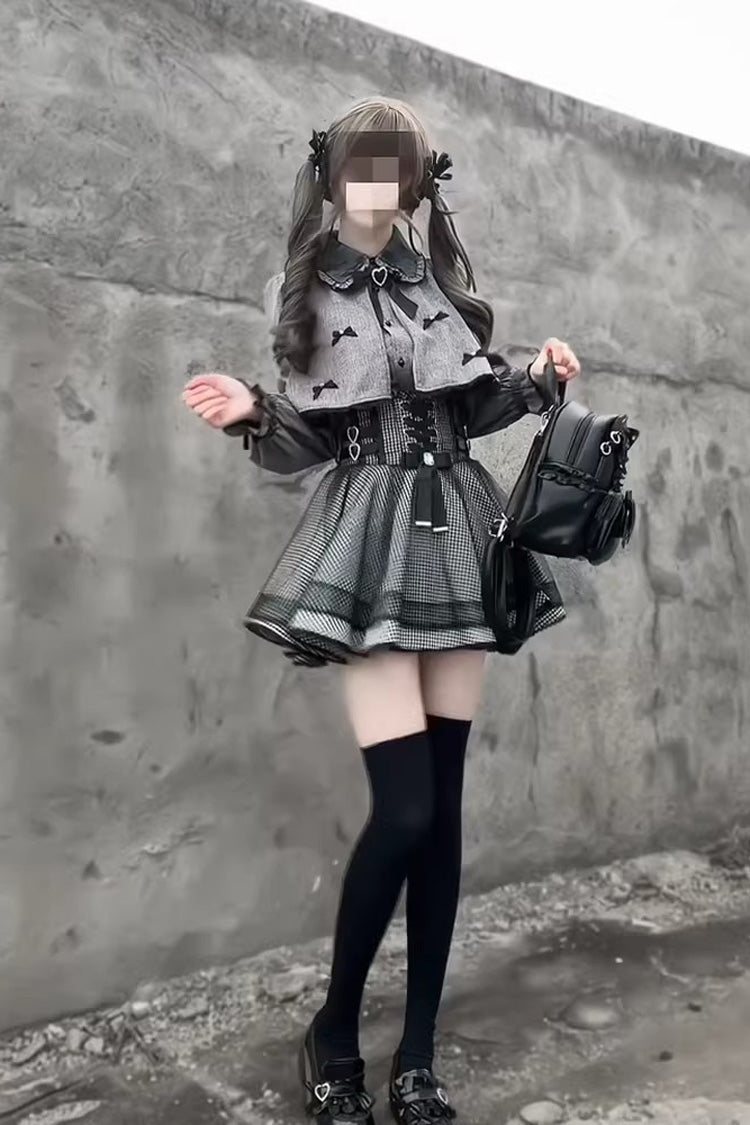 Grey Houndstooth Printed Ruffled Lace-Up Japanese Set