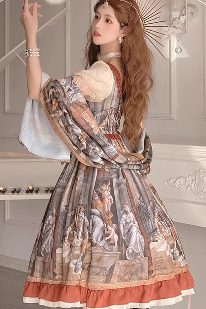 Vintage Oil Painting Print Bowknot Princess Classic Gown
