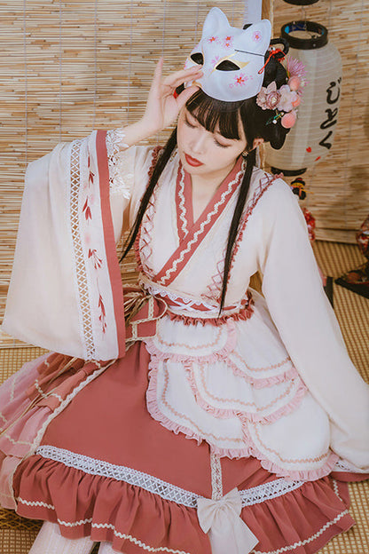 Multi-Layered Ruffled Wide-Sleeved Sweet Lolita OP Dress in Beige and Pink