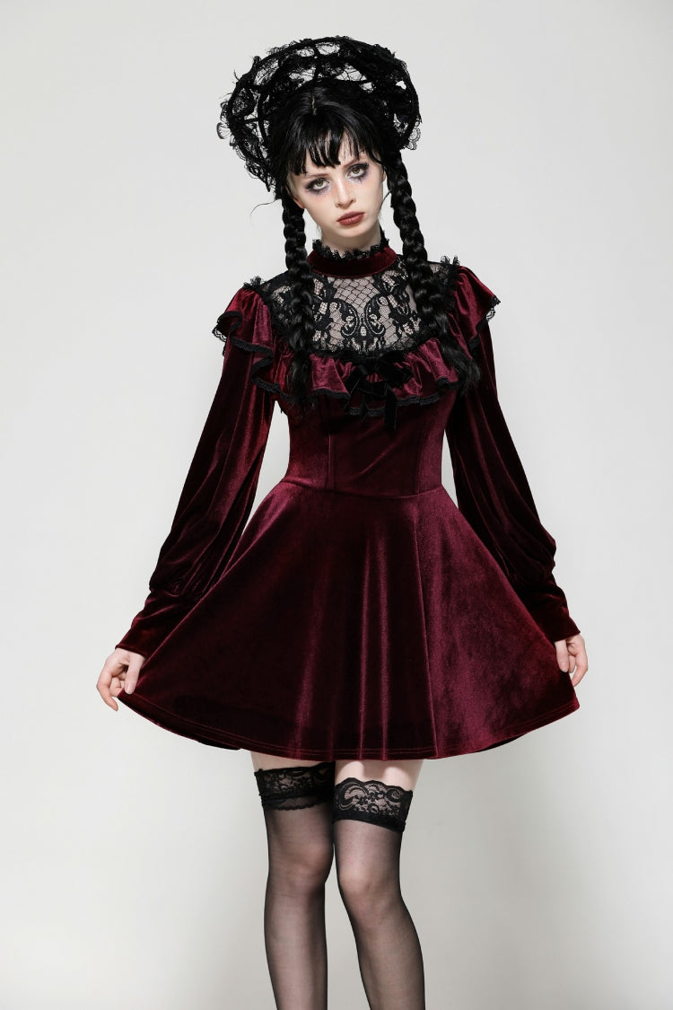 Crimson Knit Velvet Maxi Gown with Long Sleeves - Gothic Graduation Attire
