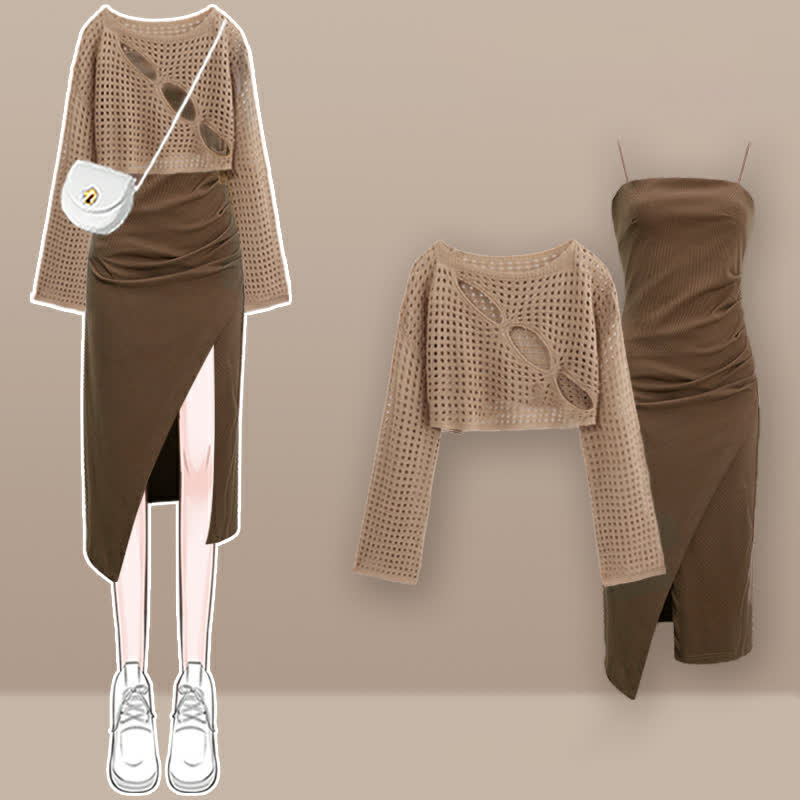Dress Top Hollow Crop Set Split Out Slip