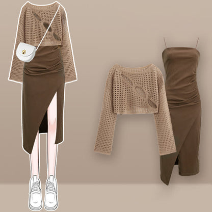 Dress Top Hollow Crop Set Split Out Slip