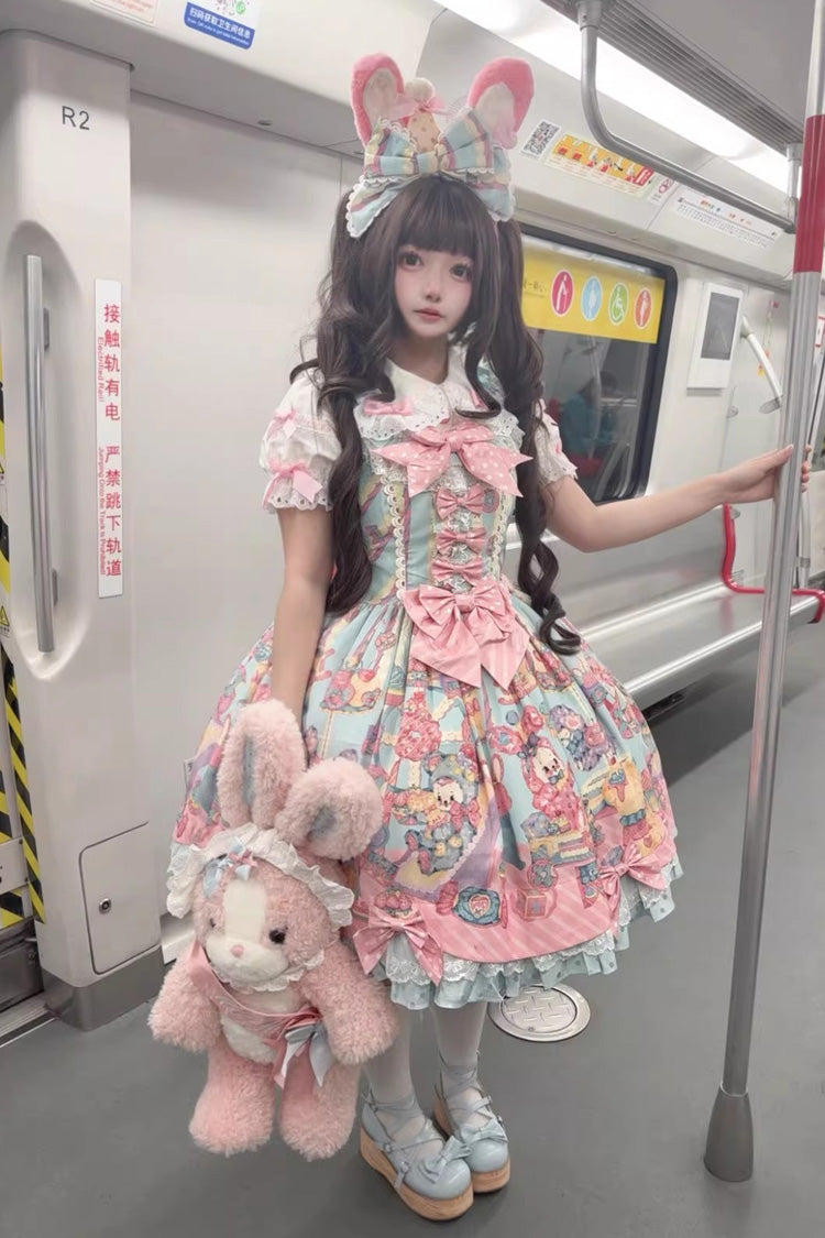 Blue Pink Rainbow Buffy Bunny Sleeveless Double Layer Ribbon Doll Print Ruffle Bow Sweet Lolita JSK Set