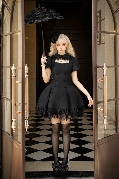 Double-Breasted Hollow Gothic Short-Sleeve Dress