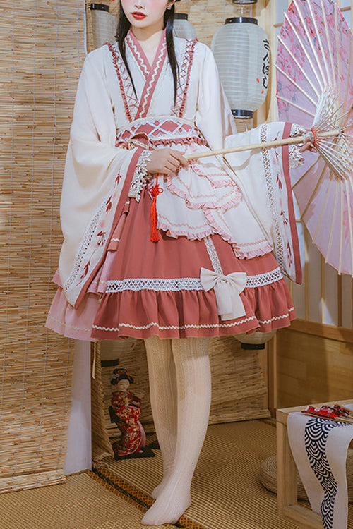 Multi-Layered Ruffled Wide-Sleeved Sweet Lolita OP Dress in Beige and Pink