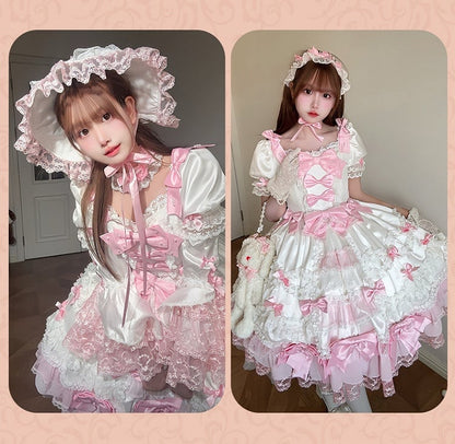 Pink Bow Accents White High Waist Sweet Princess Lolita Dress with Detachable Sleeves