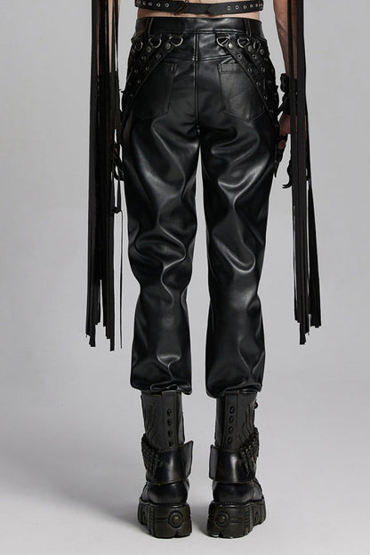 Punk Trousers with Buckle Straps and Mesh Accents
