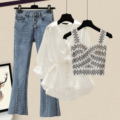 Tank Denim Flared Top Shirt Blue Drawstring Pants