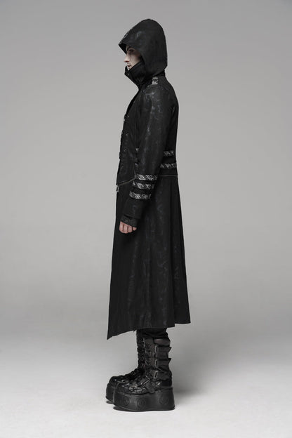 Men's Gothic Long Jacket with Hood and Stretch Twill