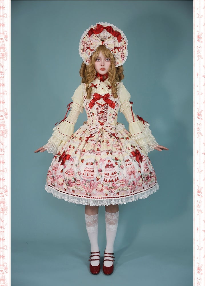 Strawberry and Desserts Print Yellow Sweet Bow Accents Lolita JSK / Full Set