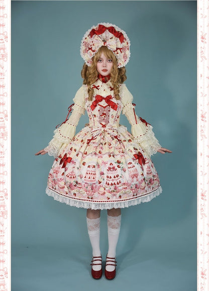Strawberry and Desserts Print Yellow Sweet Bow Accents Lolita JSK / Full Set