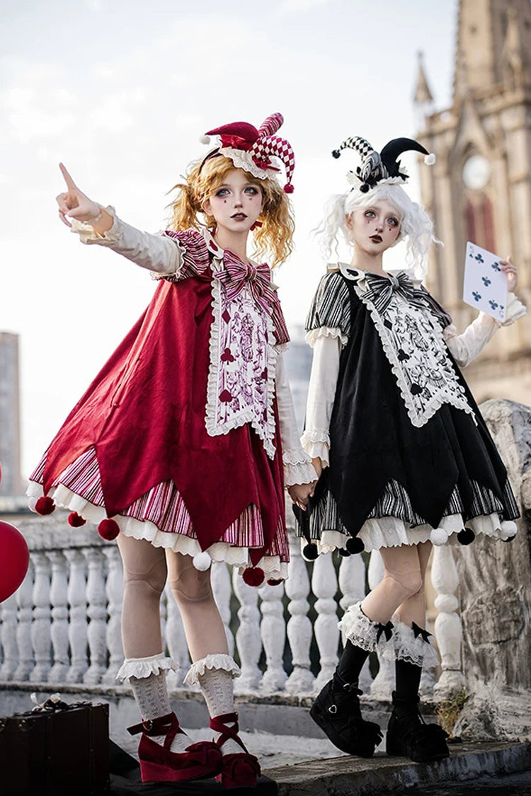 Letters and Poems Doll Mask Poker Clown Long Sleeves Ruffled Bow Gothic Lolita Dress Set