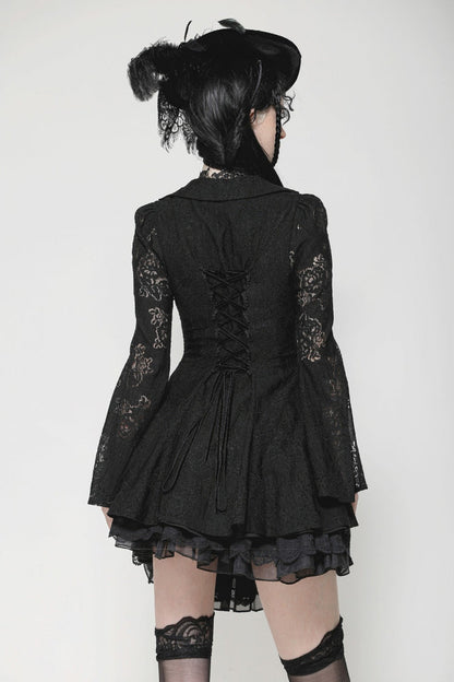 Ebony Embroidered Lace Trumpet Sleeve Corset Dress - Gothic Honeymoon Gown