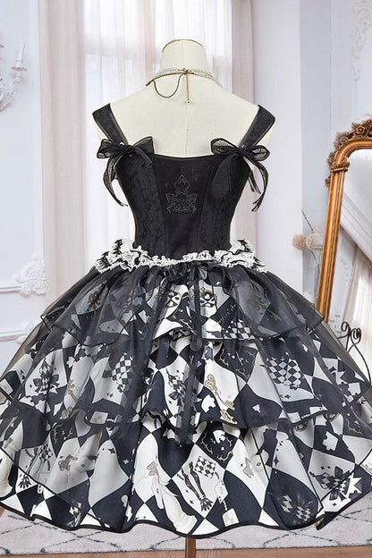 Black White Board Games Triple-Layer Print Ruffle Vintage Lolita Skirt
