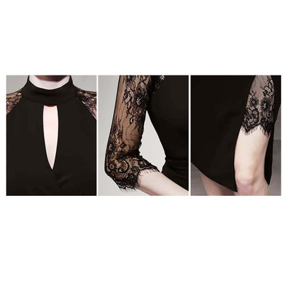 Robe noire fendue à volants et manches en dentelle ajourée