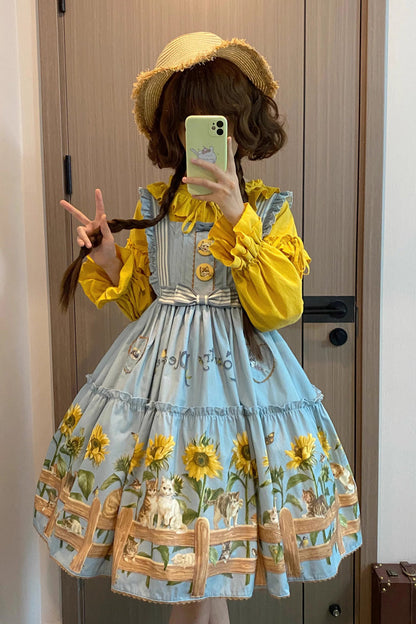 Sunflower-Print Bow-Adorned Sweet Lolita JSK Dress in Two Tones