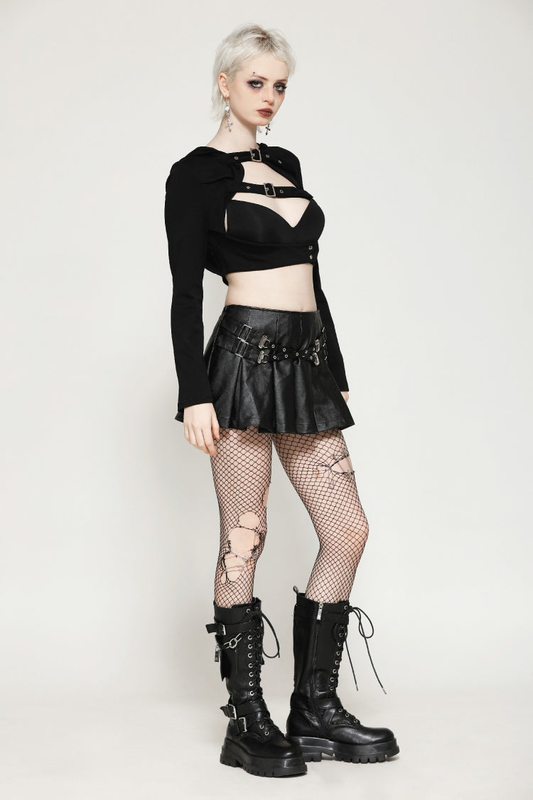 Ebony Buckled PU Mini Skirt with Faux Leather and Pleats - Femme