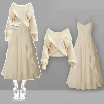 Cross Sweater Knit Slip Dress Flouncing Set