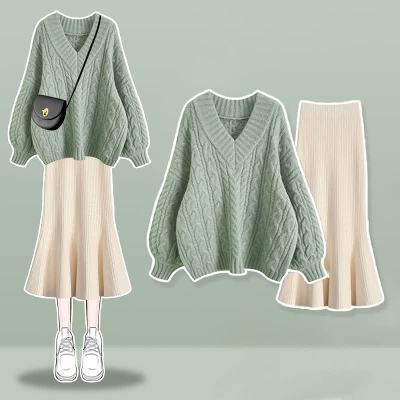 V-neck Cable Sweater Fishtail Skirt Set