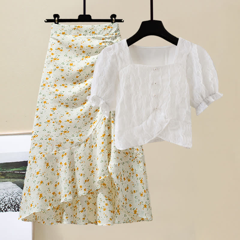 Set Pure T-Shirt Skirt Color Collar Print Sqaure Floral