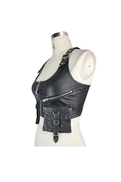 Hand-Rubbed Leather Punk Waistcoat with Hasp Zipper - Noir