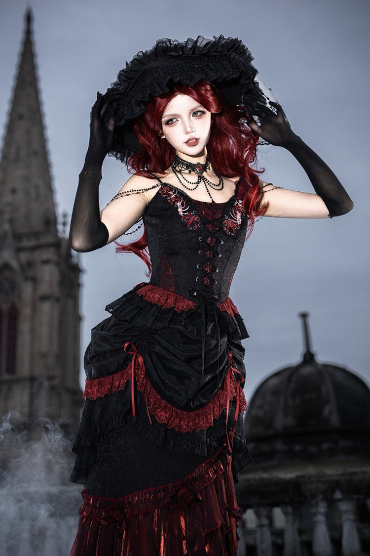 Rotten Bone Flower Lolita Skirt Set with Lace-Up Details - Noir