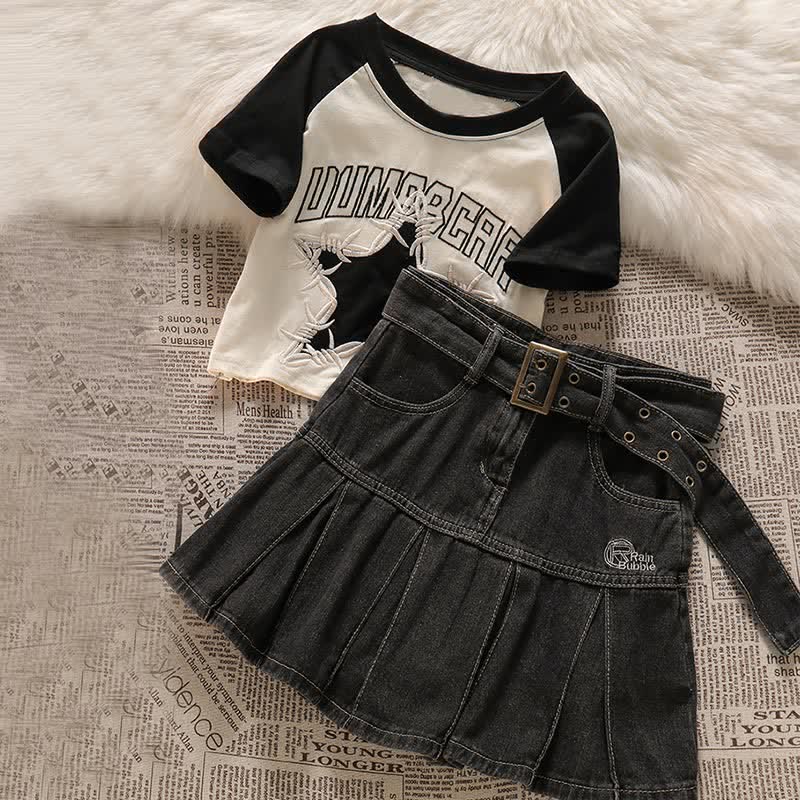 Belted T-Shirt Crop Top Letter Star Denim Skirt
