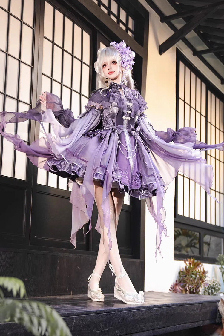 Embroidered Pearl Gothic Jumper Dress Set - Purple