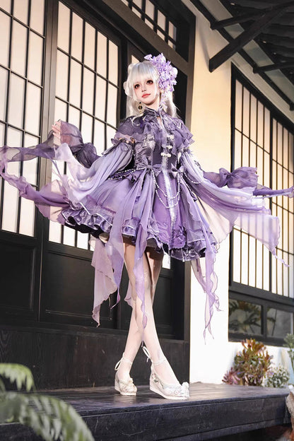 Embroidered Pearl Gothic Jumper Dress Set - Purple