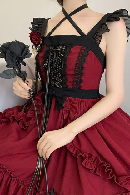 Red Gothic Lolita Double-Layered Ruffle Stitching Lace JSK Dress