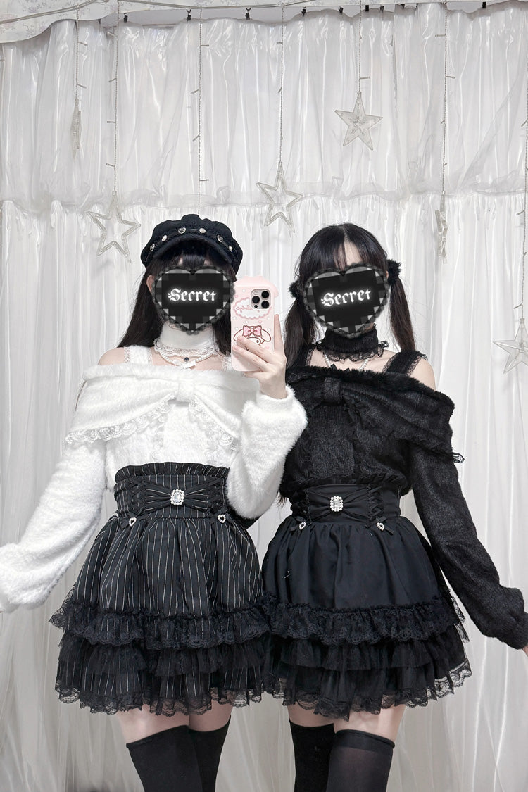 Triple-Layer Printed Ruffled Bow Lace Skirt Three Colors