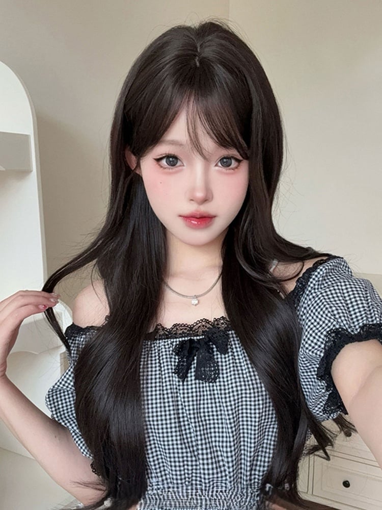 Black Tea 73CM Length Wavy Wig With Curtain Bangs