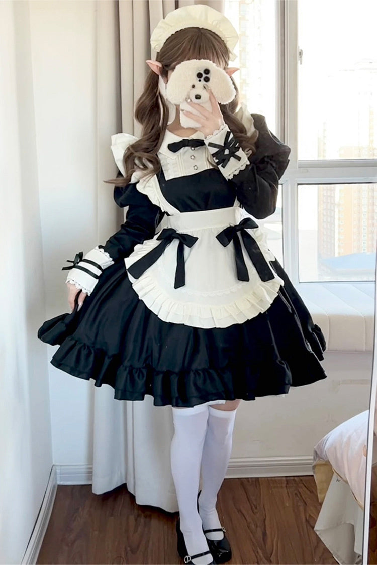 Black White Maid Long Sleeve Ruffle Bow Sweet Plus Size Lolita Dress Full Set