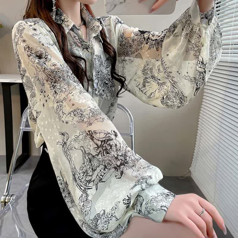 Chemise à manches bouffantes avec imprimé peinture à l'encre vintage