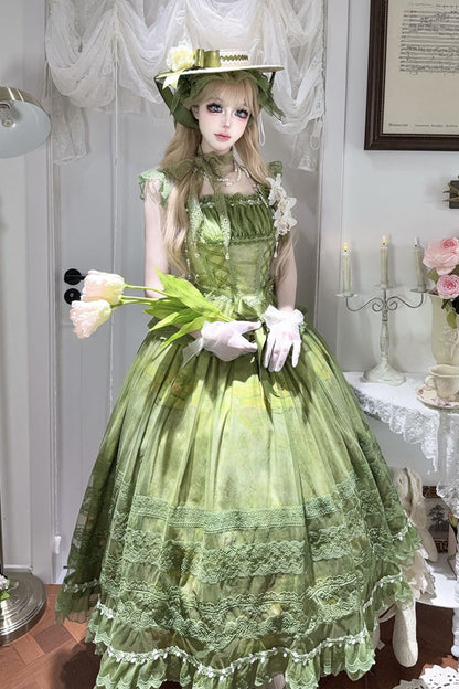 Emerald Mist-Shrouded Vineyard Sleeveless Ruffle Bowknot Lace-Up Sweet Lolita JSK Set