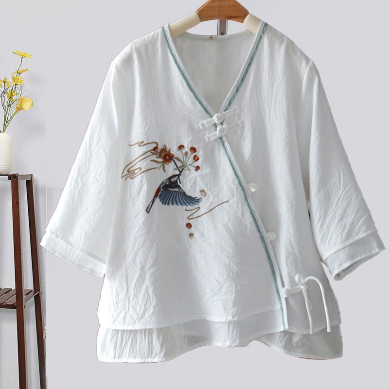 Chemise à boucle avec broderie d'oiseau vintage