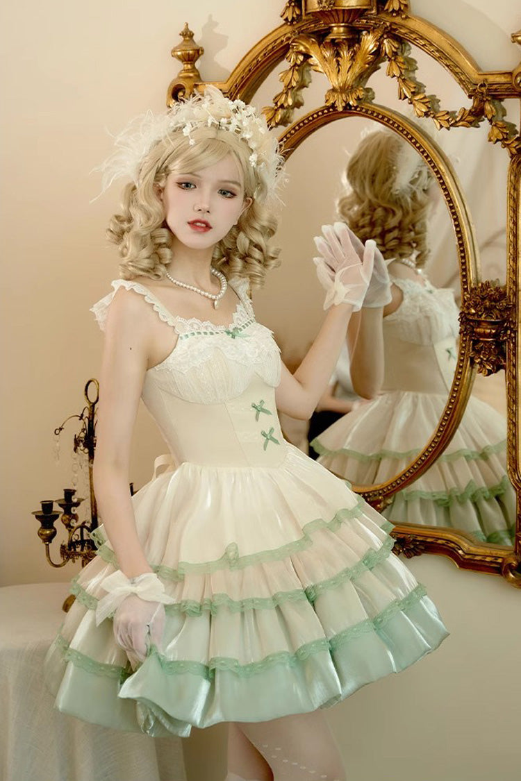 Ivory/Green Glass Dream Multi-layer Ruffle Fish Bone Sweet Lolita Jsk Dress