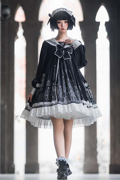 Black Gothic Lolita OP Dress with Cross Print and Chest Bow
